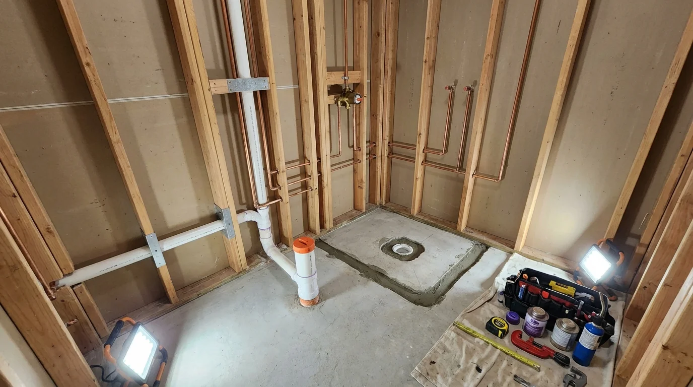 Bathroom rough-in plumbing during remodel by Johns Plumbing LLC in Brevard