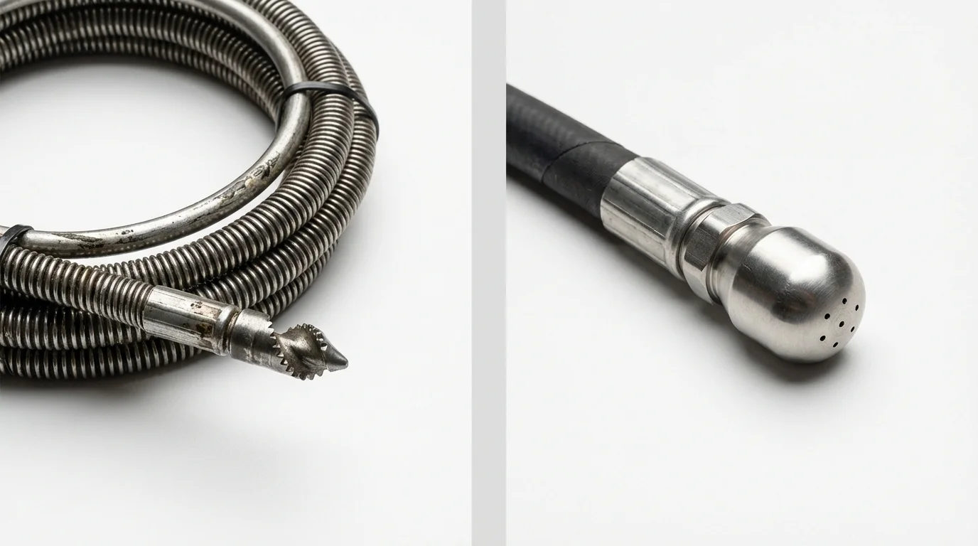 Drain snake cable and hydro jetting nozzle used for drain cleaning in Brevard, NC