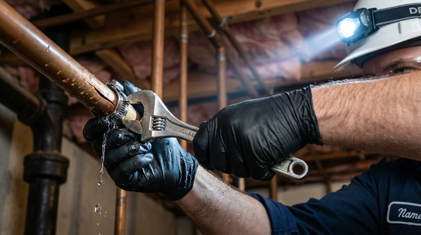 Emergency pipe clamp repair being performed by a Johns Plumbing LLC plumber in Brevard