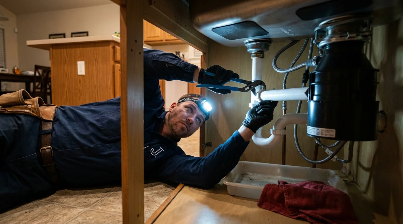 P-trap and supply line connections under a kitchen sink showing a common leak point in Brevard, NC